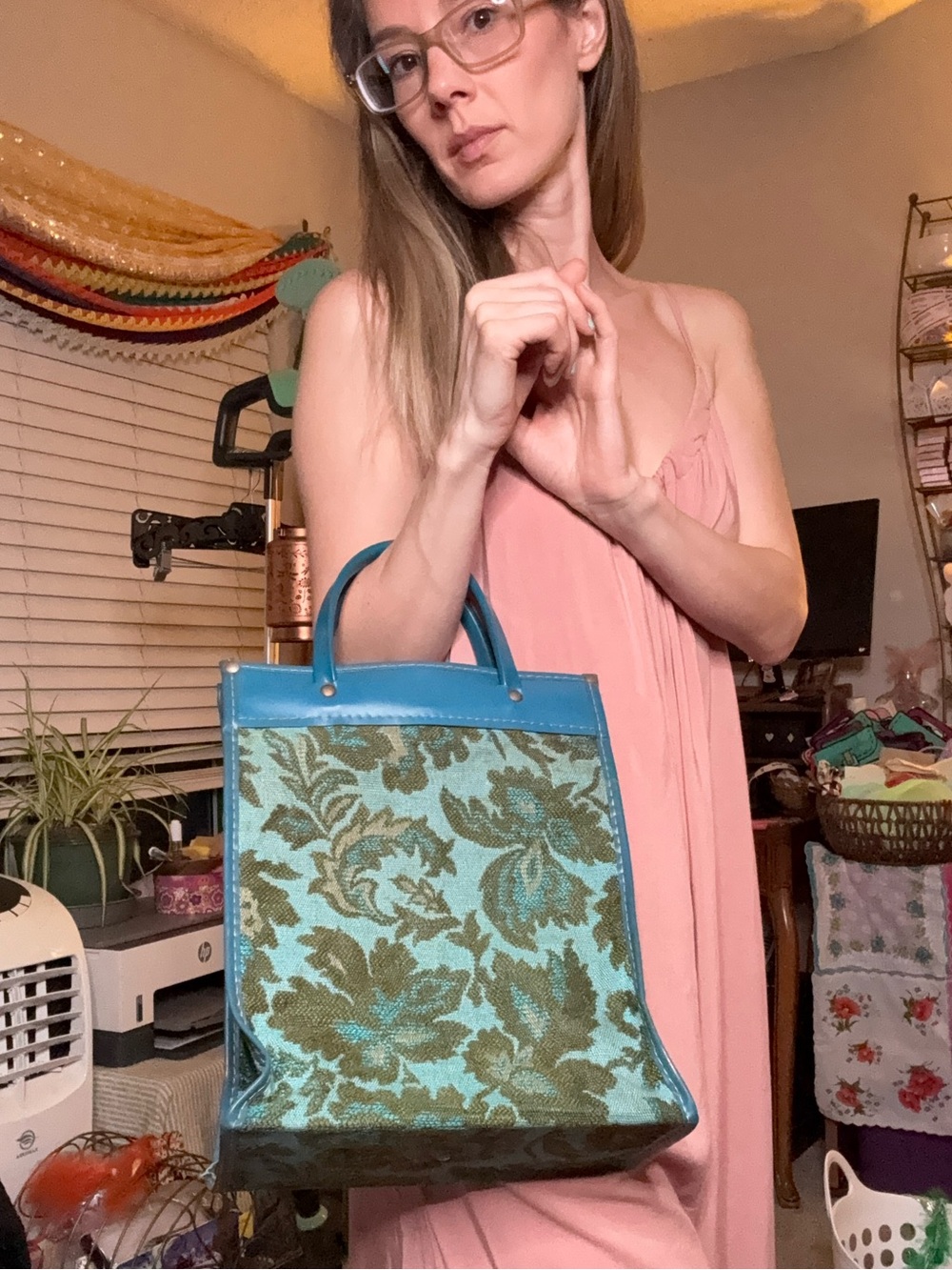 Vintage Teal and Olive Jacquard Tote - Vintage